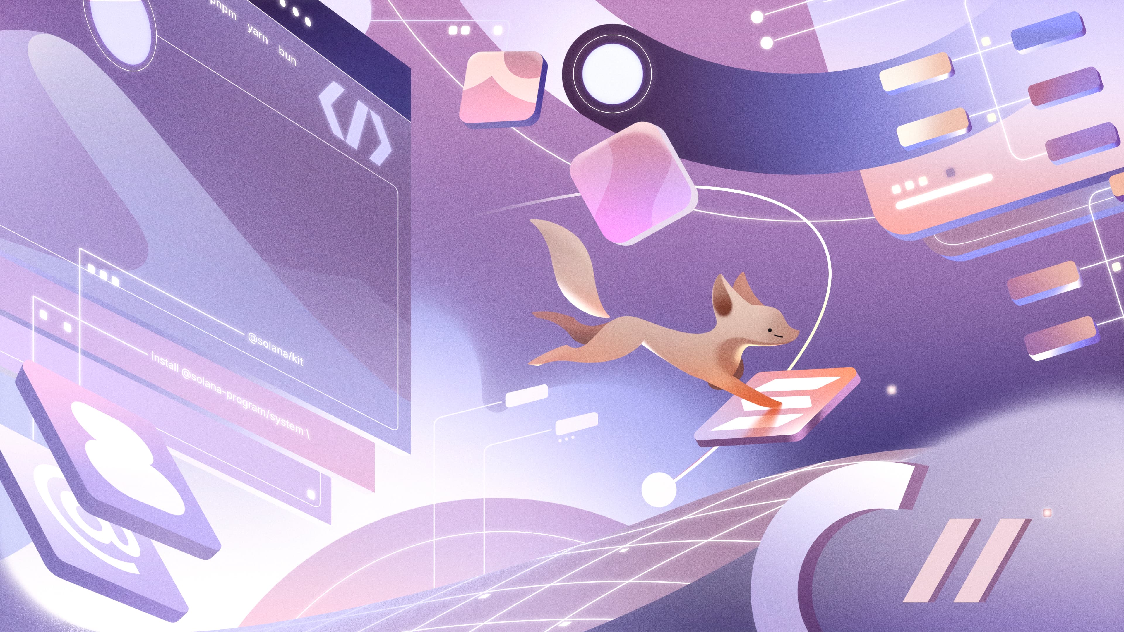 Home illustration for the Kit library. A cute fox jumps towards a UI element with the Solana logo on it. It is surrounded by other UI elements such as buttons, sliders, browser windows and diagrams.